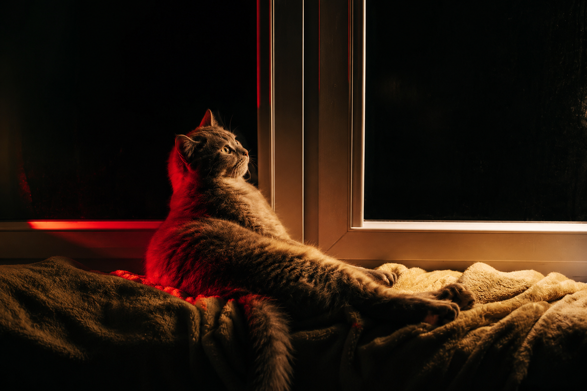 Кошка бодрствует ночью 