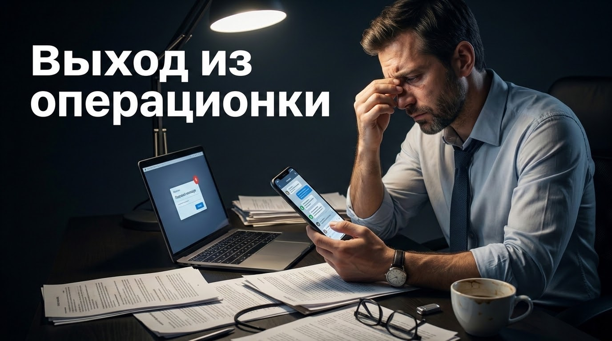 Уставший предприниматель за рабочим столом вечером отвечает на звонки клиентов — классический пример того, почему бизнесу необходим выход из операционки