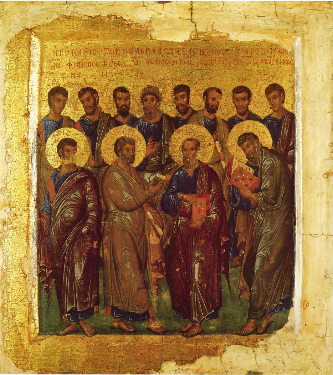 Икона «Двенадцать апостолов», первая треть XIV века. Дерево (кипарис), яичная темпера. Размеры: 38x34 см. ГМИИ им. А.С. Пушкина. Фото картины взято из открытого источника.