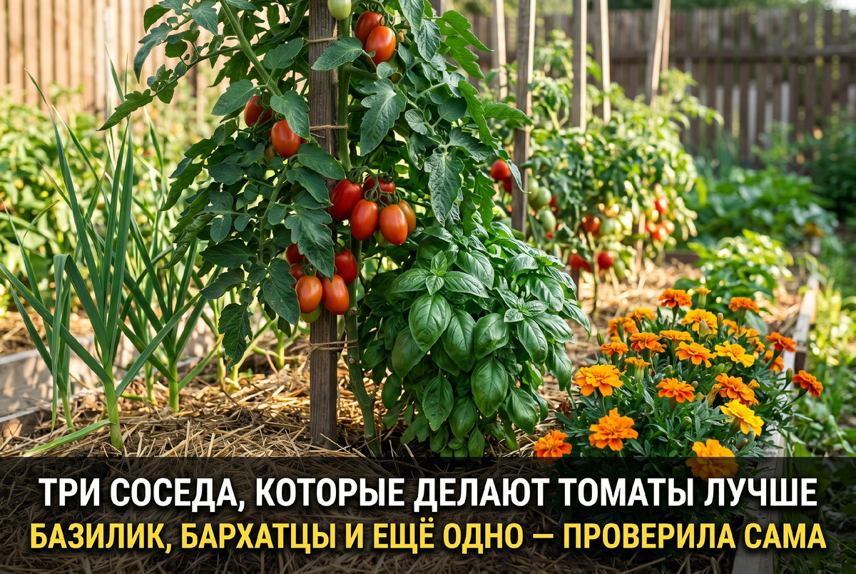 Вот моя томатная грядка: три растения-соседа живут рядом с каждым кустом. Случайно ли это? Нет. Каждое здесь по делу.