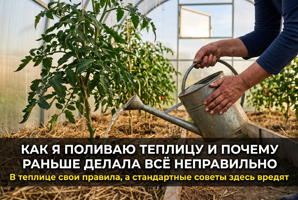 Раннее утро, лейка, строго под корень. Так я поливаю теплицу уже несколько лет. Раньше брала шланг и лила сверху, и каждое лето были проблемы.