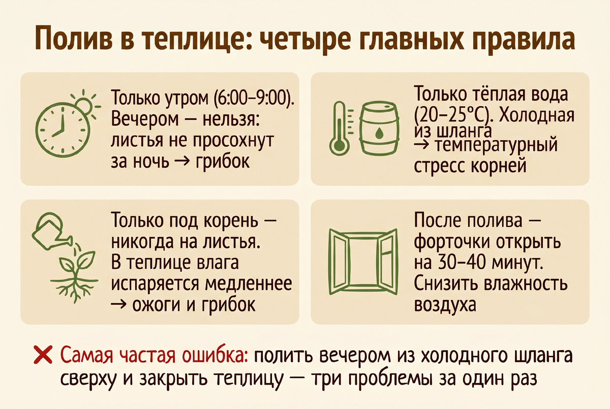 Четыре правила на одну карточку. Если нарушить любое из них, и теплица начинает болеть. Проверила все четыре нарушения на себе.