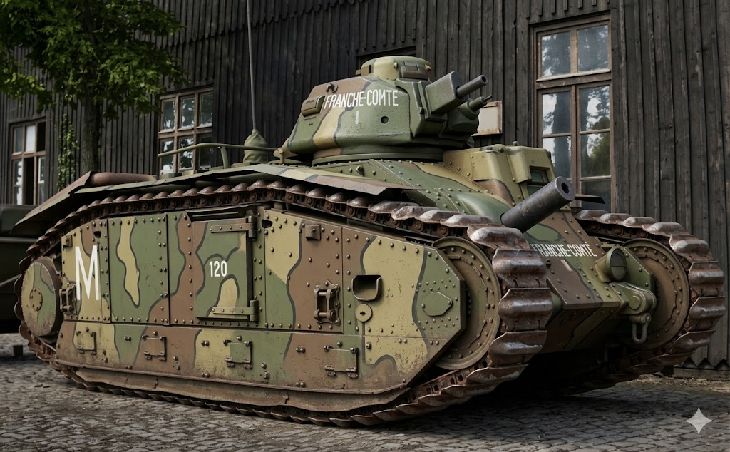 Тяжёлый танк Char B1 собственной персоной. Фотография раскрашена при помощи нейросети.