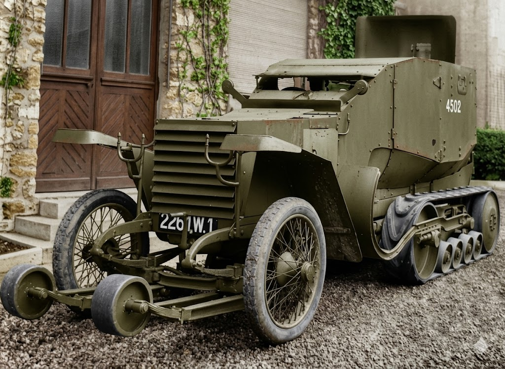 Бронеавтомобиль Peugeot-Kégresse образца 1923 года собственной персоной. Фотография в свободном доступе, раскрашена при помощи нейросети.