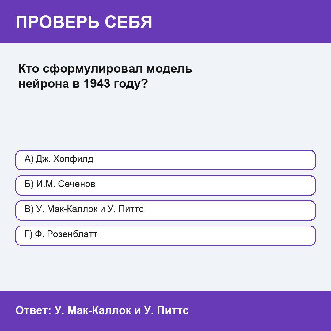 Кто сформулировал модель нейрона в 1943 году?