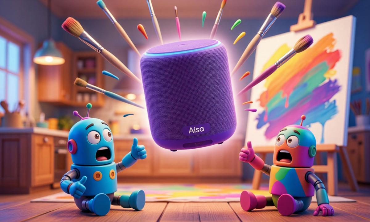 Современная яркая 3D-иллюстрация в стиле мультфильмов Pixar. В центре уютной кухни в воздухе парит фиолетовая умная колонка с четкой надписью Alisa. Вокруг колонки веером летают художественные кисти, брызги краски и мольберт с ярким разноцветным рисунком. На полу сидят два удивленных маленьких робота — один синий (DeepSeek), другой разноцветный (Google Gemini), они восторженно смотрят вверх. Обложка для статьи в Яндекс Дзен про искусственный интеллект и Алису.