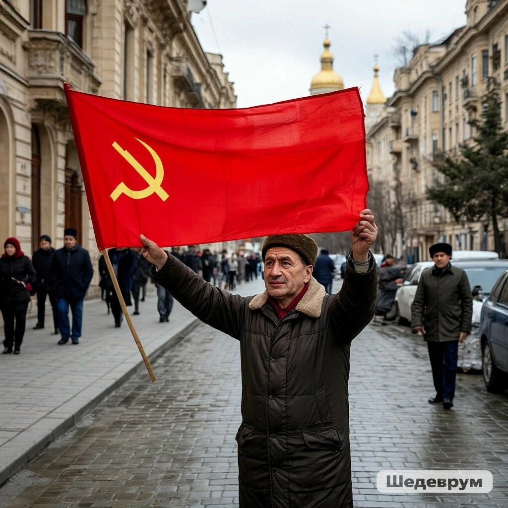 Баку: мирный житель с Красным знаменем. Изображение сгенерировано нейросетью "Шедеврум"