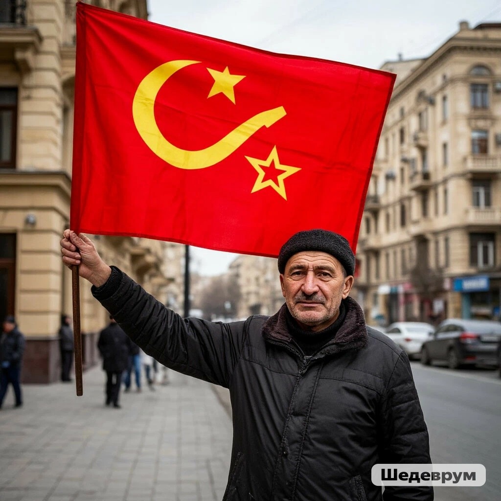 Баку: мирный житель с Красным знаменем. Изображение сгенерировано нейросетью "Шедеврум"