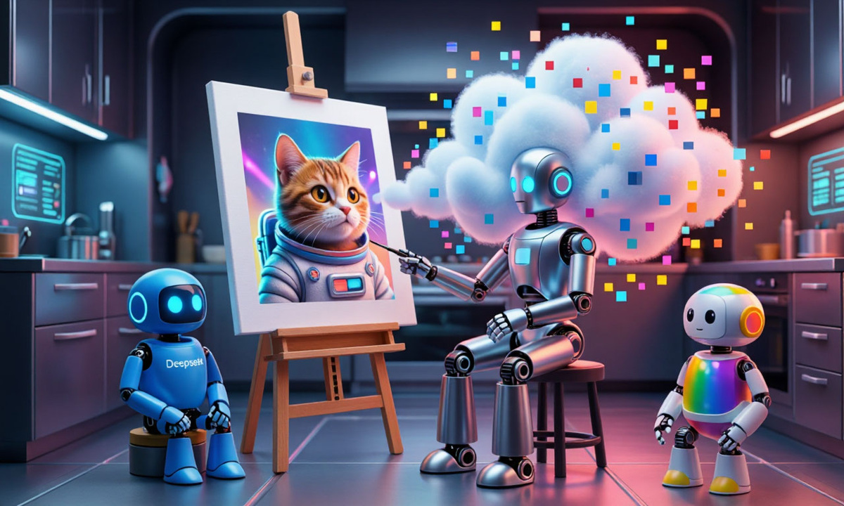 Современный и сочный 3D-рисунок в стиле мультфильмов Pixar . Робот-художник сидит на футуристичной кухне перед мольбертом, из его головы выходит светящееся облако из разноцветных пикселей и квадратиков цифрового шума . На холсте проявляется четкий рисунок милого рыжего кота в скафандре космонавта. Рядом на полу сидят два удивленных робота-зрителя — маленький синий с надписью DeepSeek и яркий разноцветный в стиле Google Gemini. Обложка для статьи в Яндекс Дзен про генерацию картинок и диффузию.