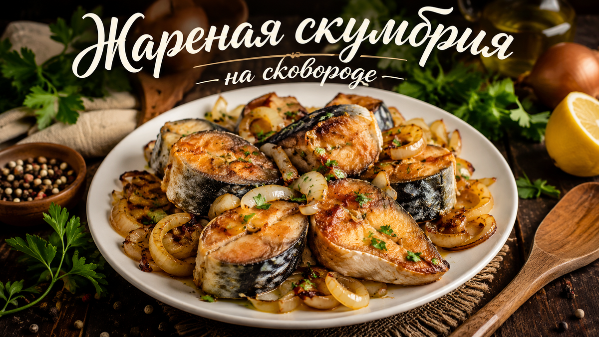 Жареная скумбрия в муке с луком на сковороде 