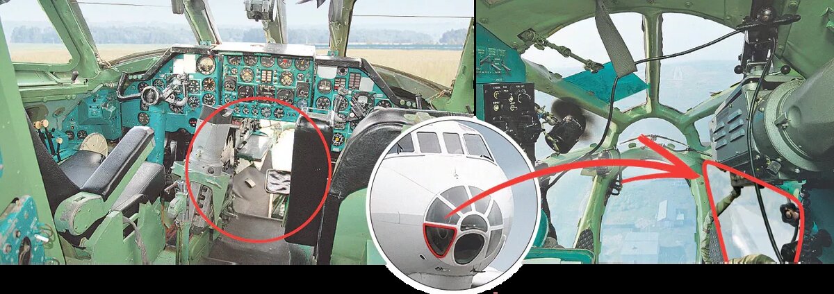 Кабина пилотов Ту-134А-3 (слева), указано место штурмана. Лопнувшее стекло (вид из кабины штурмана, справа)  📷
