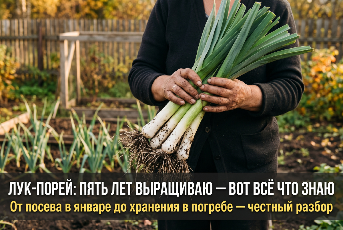 Вот он — порей с длинной белой ножкой. Чтобы она была такой, нужно окучивать три раза за лето. Раньше я этого не делала и получала зелёный стебель вместо белого.