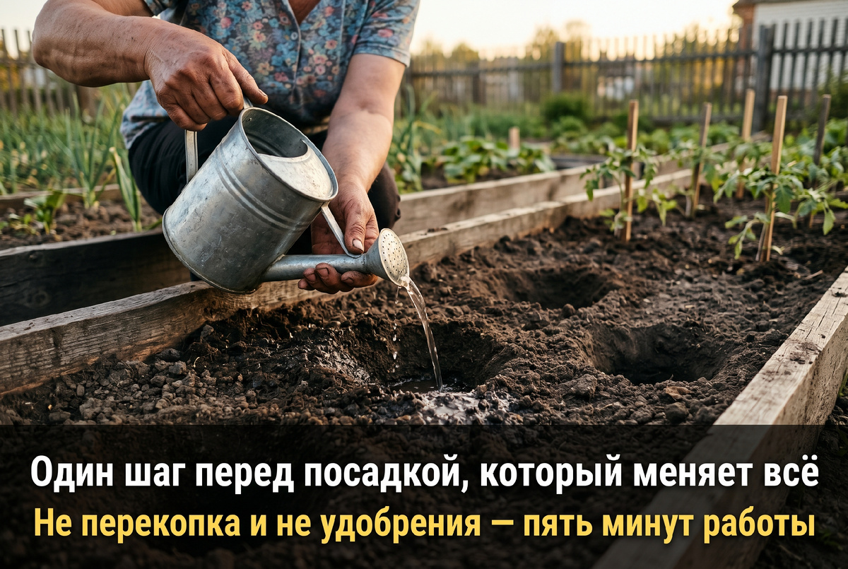 Лунка, вода, жду пока впитается, сажаю. Вот и весь секрет. Раньше я этот шаг пропускала. Теперь не пропускаю никогда.