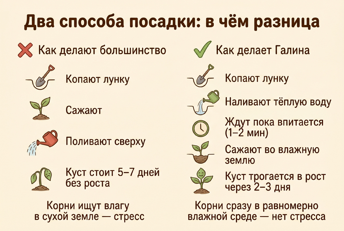 Один дополнительный шаг, и рассада приживается на три-четыре дня быстрее. Проверила на одной грядке: левая половина с поливом лунки, правая без. Разница видна через неделю.
