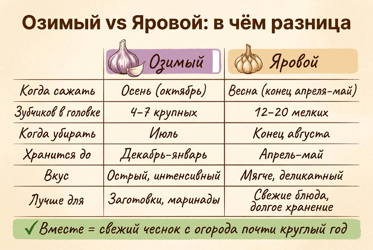 Вот почему я выращиваю оба. Озимый закрывает лето и осень. Яровой — зиму и весну. Покупаю чеснок в магазине только в мае.