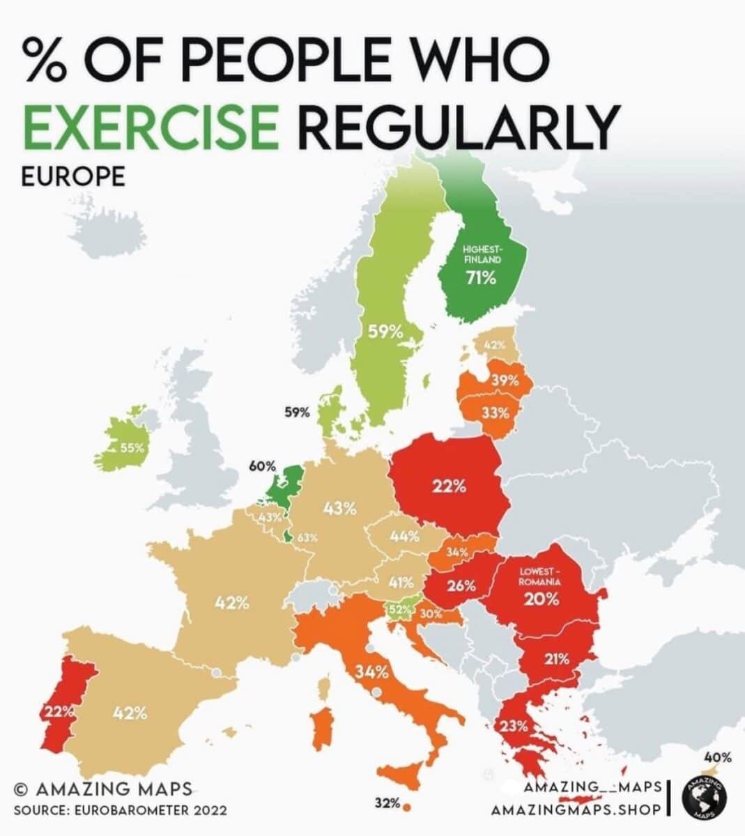    Процент людей в Европе, которые регулярно занимаются спортом / © Amazing maps