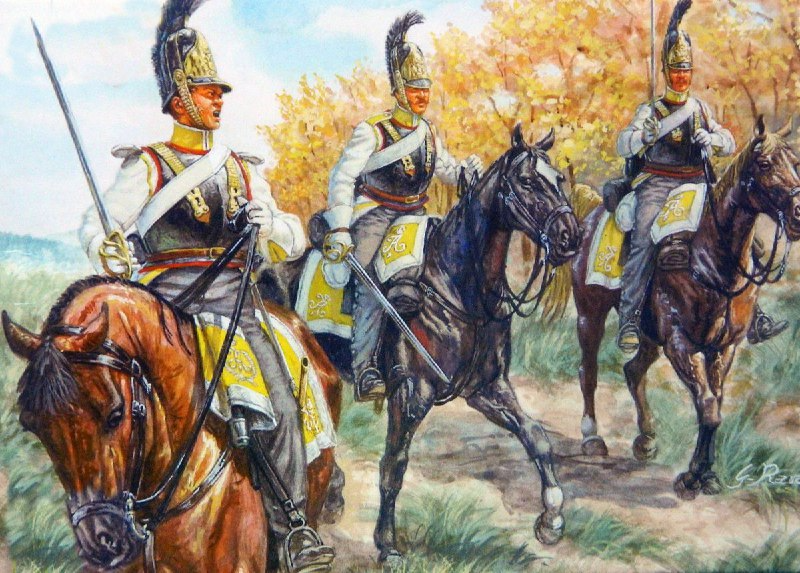 Астраханские кирасиры на обложке. Набор солдатиков. Русские кирасиры. Наполеоновские войны. Ссылка: https://www.ozon.ru/product/nabor-soldatikov-1-72-russkie-kirasiry-napoleonovskie-voyny-hat-industrie-8016-2712315920/ К сожалению, автор рисунка не указан был. Для справки: 12.10.1811 — генерал-майором Бороздиным 2-м в м. Усвяты Велижского уезда Витебской губернии из офицеров и нижних чинов, отделённых от лейб-кирасирского Его Величества, лейб-кирасирского Её Величества, Екатеринославского кирасирского, Рижского, Казанского, Ямбургского, Нежинского, Псковского, Московского, Финляндского и Митавского драгунских, Гродненского, Елисаветградского и Изюмского гусарских полков сформирован Астраханский кирасирский полк в составе 5-ти эскадронов (ПСЗ, XXXI, 24808). Ссылка: https://ru.wikipedia.org/wiki/Астраханский_8-й_драгунский_полк 12 октября 2026 года исполняется 215 лет со дня сформирования Астраханского кирасирского полка. Для справки: При общей кирасирской форме Астраханский полк имел желтый приборный цвет и белый приборами металл. Правки: "цвет выпушки, вальтрапов, воротников и обшлагов рукавов - желтый, цвет приборного металла - белый". Ссылка: https://vk.com/club235150209?z=photo-211257827_457240728%2Fwall-211257827_6654