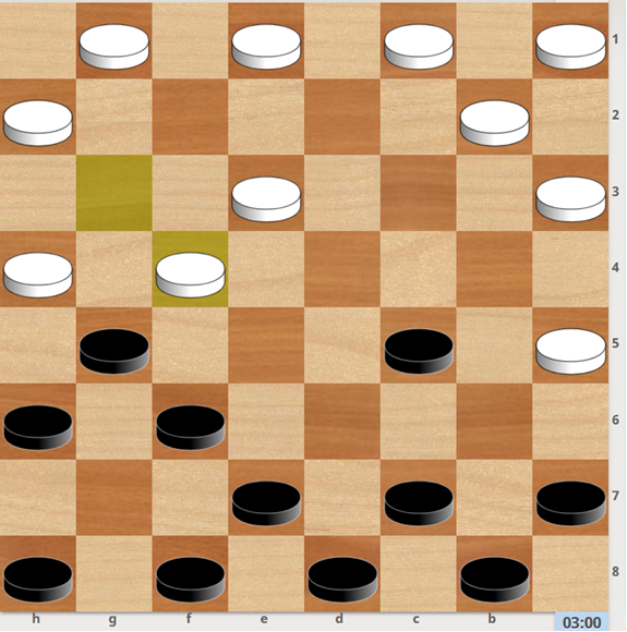 1. … c5-d4 2. e3xc5 g5xe3 3. e1-f2 e3-d2 9. c1xe3 c7-b6 4. a5xc7 b8xb4 5. a3xc5 e7-d6 6. c5xg5 h6xd2 7. b2-c3 d2xb4 8. a1-b2 a7-b6 9. f2-e3 h8-g7 10. h2-g3 g7-f6 11. g3-f4 b4-a3 12. b2-c3 b6-c5 13. g1-h2 d8-c7 14. f4-g5 c5-b4 15. c3xa5 a3-b2 16. g5xe7 f8xd6 17. h4-g5 b2-a1 0-2