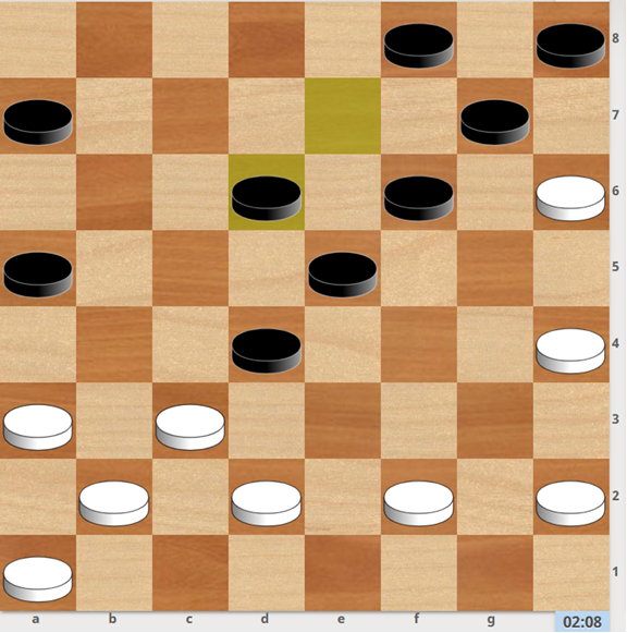 1. h4-g5 f6xh4 2. f2-e3 d4xf2 3. c3-d4 e5xe1 4. b2-c3 e1xb4 5. a3xe7 f8xd6 6. h6xg1 2-0