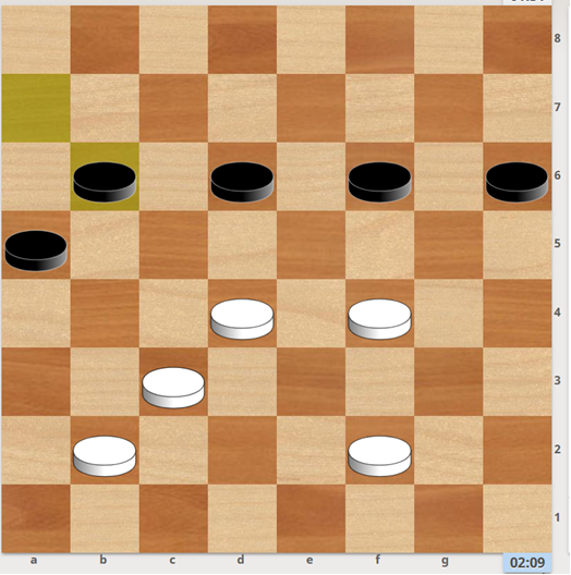 1. d4-e5 f6xd4 2. c3xc7 b6xd8 3. b2-a3 d8-c7 4. f2-g3 2-0