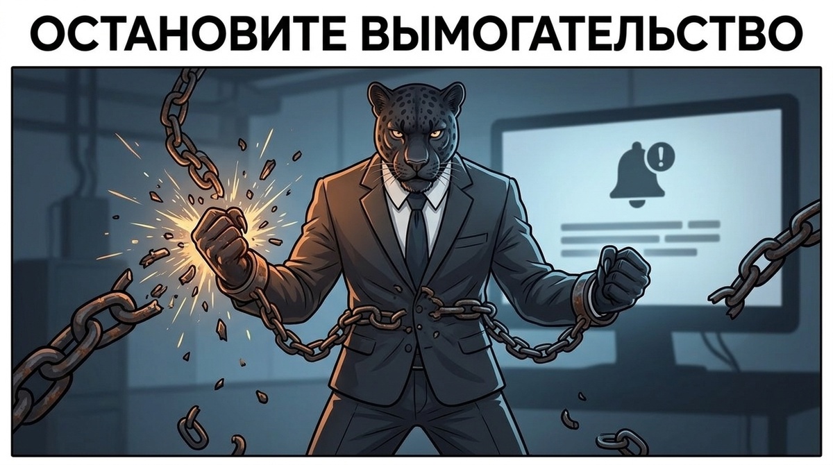 Пантера разрывает цепью разрывает оковы на фоне монитора с иконкой чата. Поза уверенная, взгляд прямо.