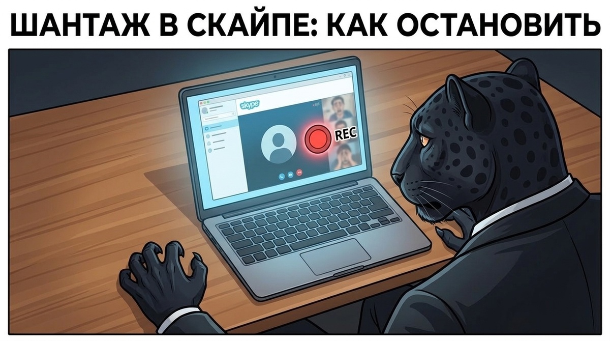 Пантера за ноутбуком тревожно смотрит на экран Skype, лапы сжаты, выражение испуга.