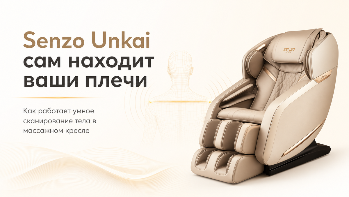 Senzo Unkai Beige сам сканирует тело и точно находит линию плеча, чтобы массаж шеи и спины попал прямо в «точку» 😌