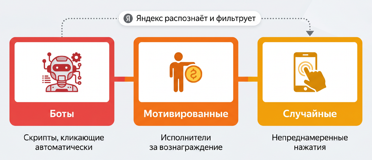 Рисунок. Три типа недействительных кликов по классификации Яндекса