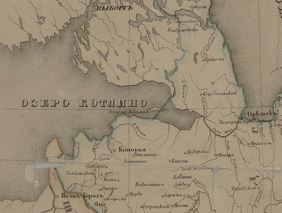 Фрагмент карты-реконструкции "Пятин Новгородских в XVI веке". Составлена в 1853 году историко-географом К. А. Неволиным.