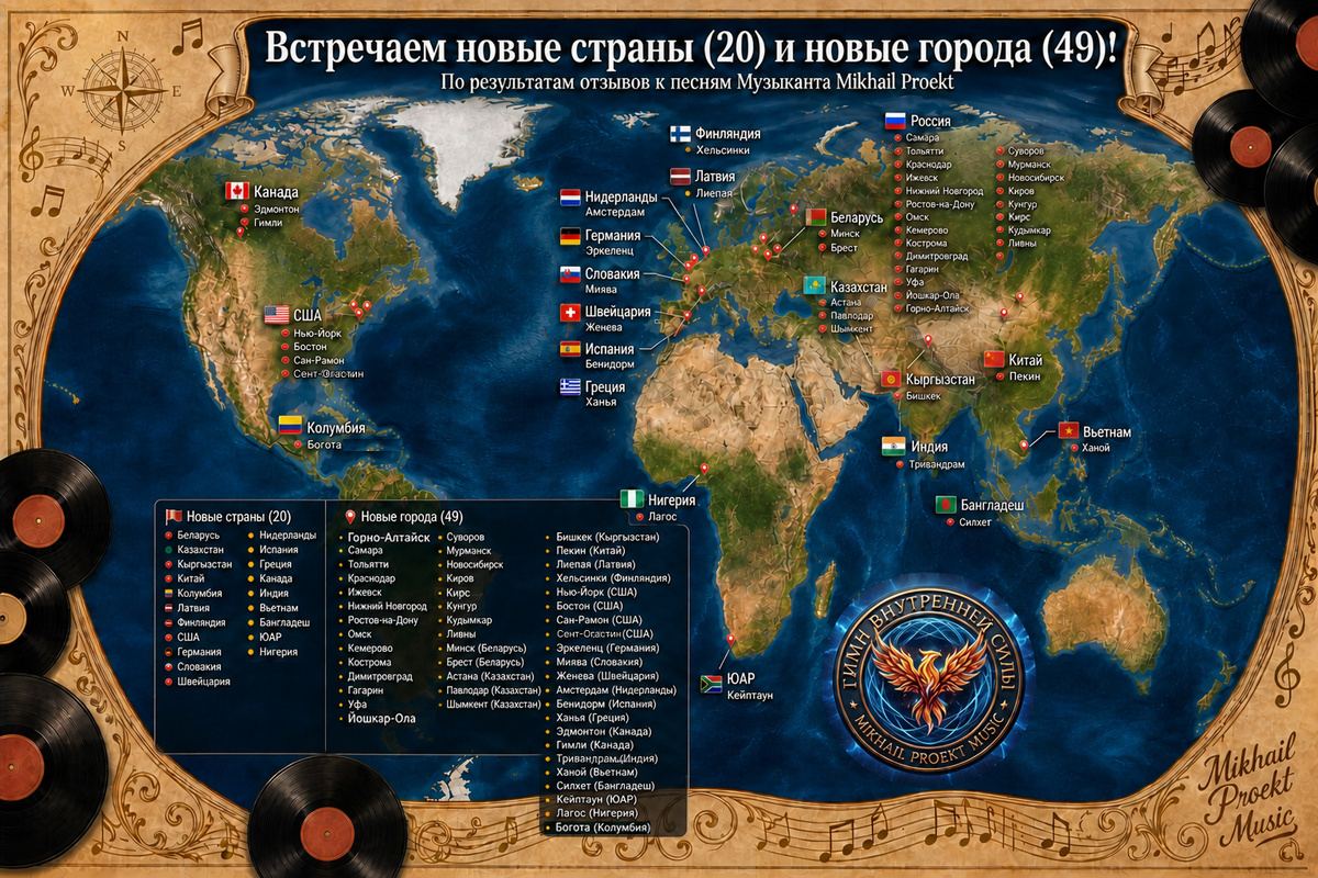 Встречаем 20 новых стран и 49 новых городов! География отзывов Mikhail Proekt Music стремительно расширяется! ❤️💫