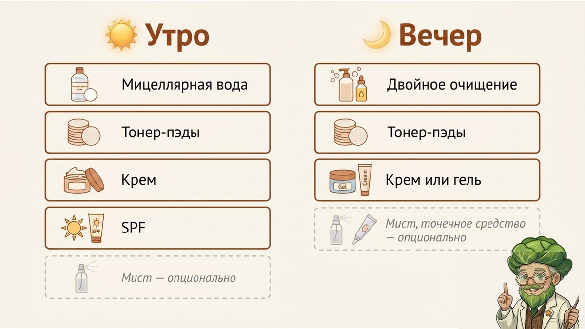 Сохраните: базовая схема корейского ухода. Опциональные шаги — серым