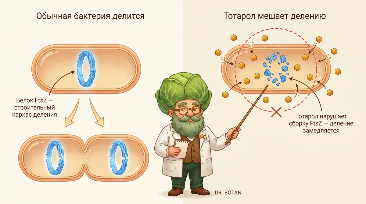 Схема: как тотарол блокирует деление бактериальной клетки через ингибирование FtsZ-кольца.