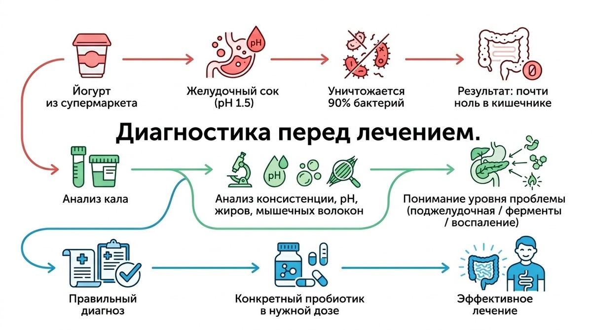 где именно сломалось пищеварение. На уровне желудка, поджелудочной, тонкого кишечника или толстого