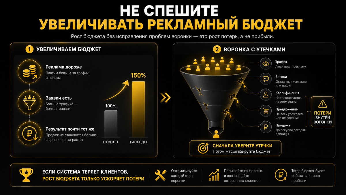 Если система продаж теряет клиентов, увеличение рекламы может только ускорить потери