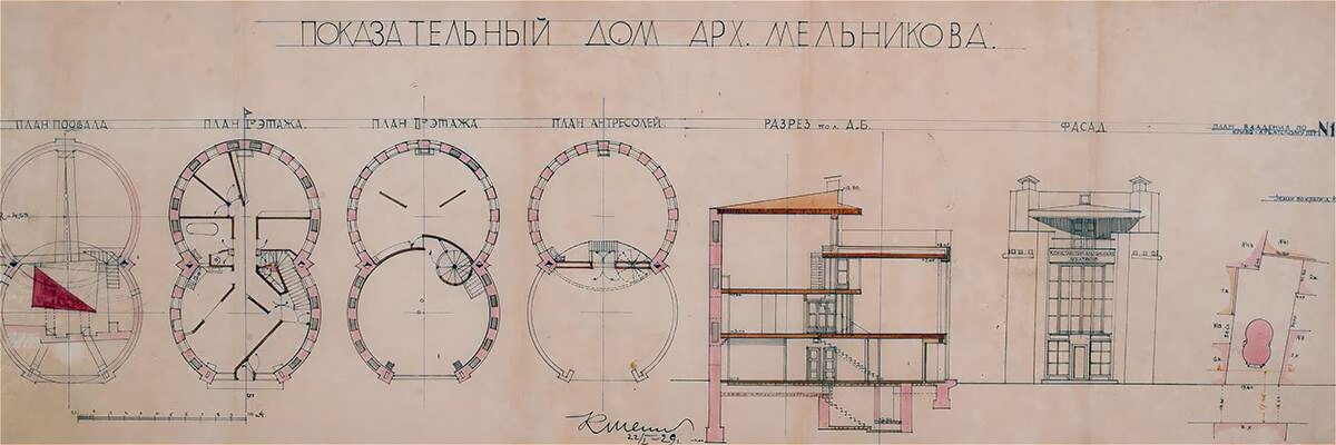 ГЕНЕРАЛЬНЫЙ ПЛАН ЭКСПЕРИМЕНТАЛЬНОГО ДОМА-МАСТЕРСКОЙ К.С. МЕЛЬНИКОВА. 1927–1929 ГОДЫ. ИЗОБРАЖЕНИЕ: МУЗЕЙ АРХИТЕКТУРЫ ИМ. А.В. ЩУСЕВА, МОСКВА