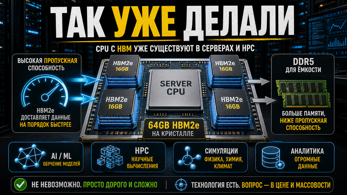 CPU с HBM уже были: проблема не в невозможности, а в цене, массовости и смысле для обычного пользователя.