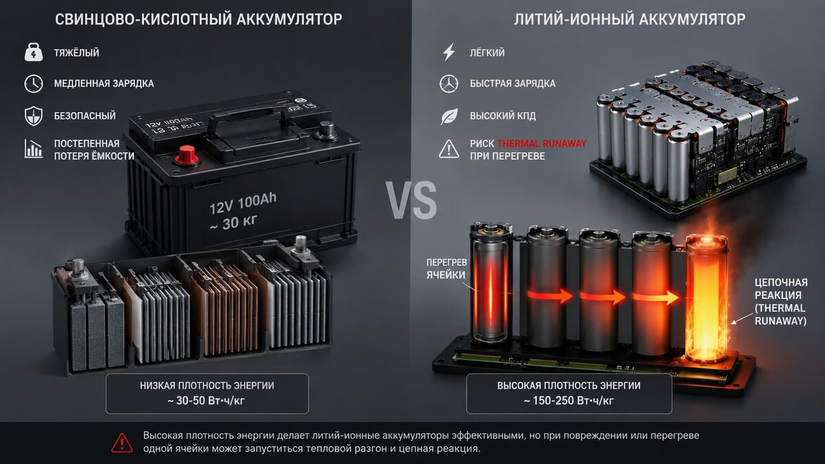 Фото: сравнение свинцовый акккумулятор и литий-ионный аккумулятор.