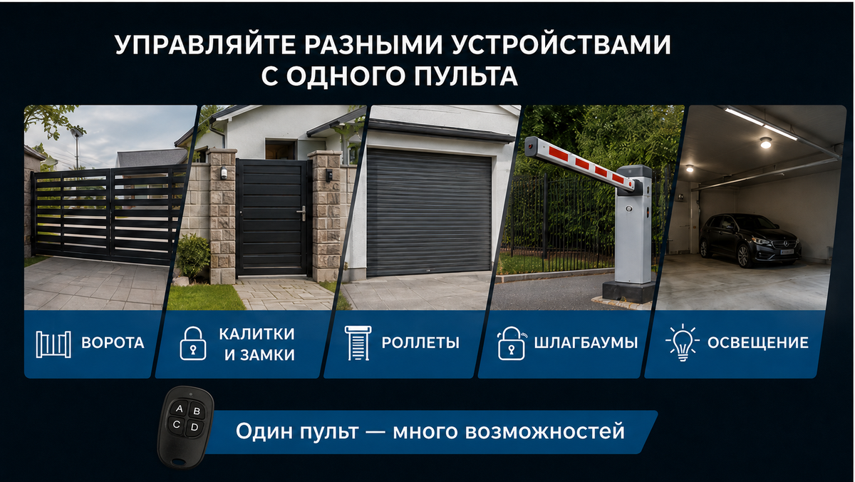 Один пульт — несколько сценариев управления: ворота, калитка, роллеты, шлагбаум и освещение работают в единой удобной системе.