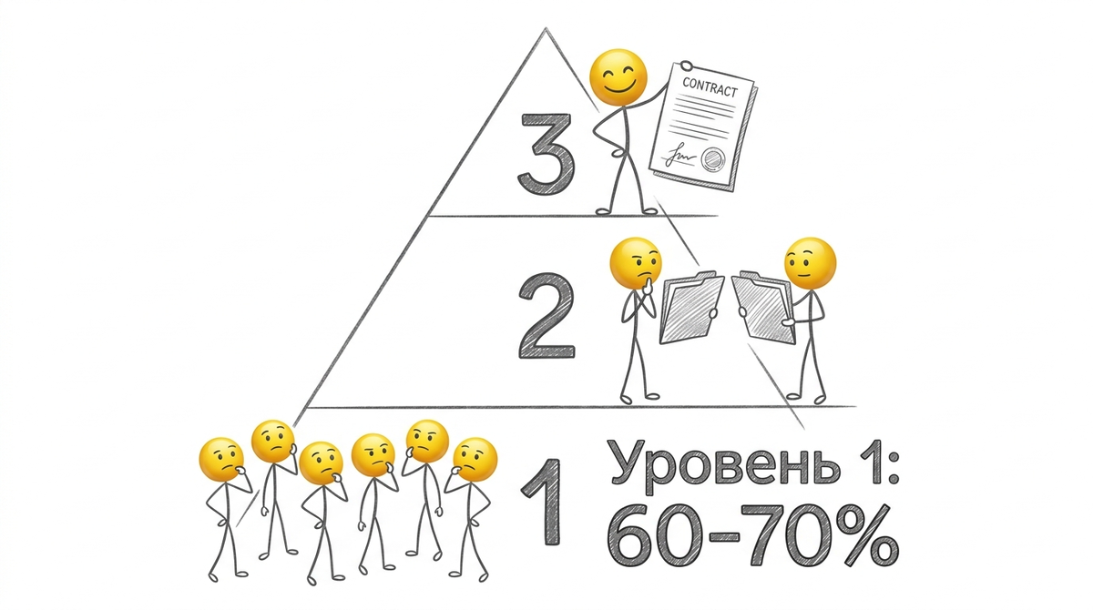 Уровни готовности клиента к покупке в b2b сегменте и температура лидов из Яндекс Директа. Почему холодный трафик не покупает в лоб и как распределяется аудитория по этапам воронки.