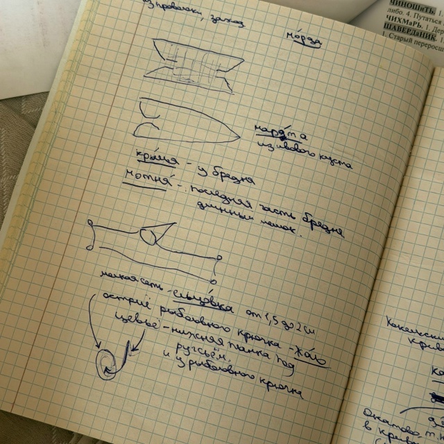 В тетради, кстати, не только слова могут быть, но и зарисовки информантов. Здесь дедушка рисовал ловушки для рыбы