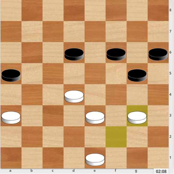 1. f2-g3 (ход сделан) d6-e5? (1…h4 2.gf4 hg5 3…g3 4.c5 h2 5.f2 b4 6…e5=)
2. d4-c5 e5-d4 (2…h4 3.ef4++) 3. g3-h4 d4xb6 4. e1-d2 b6-c5 5. d2-c3 a5-b4 6. c3xa5 c5-d4 7. e3xc5 g5-f4 8. a5-b6 ++
