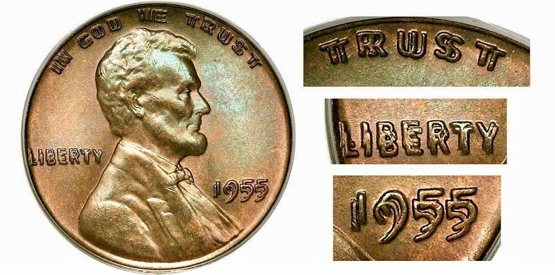 1955 Doubled Die Obverse Lincoln Cent (одноцентовая монета Линкольна 1955 года с двойным ударом аверса)