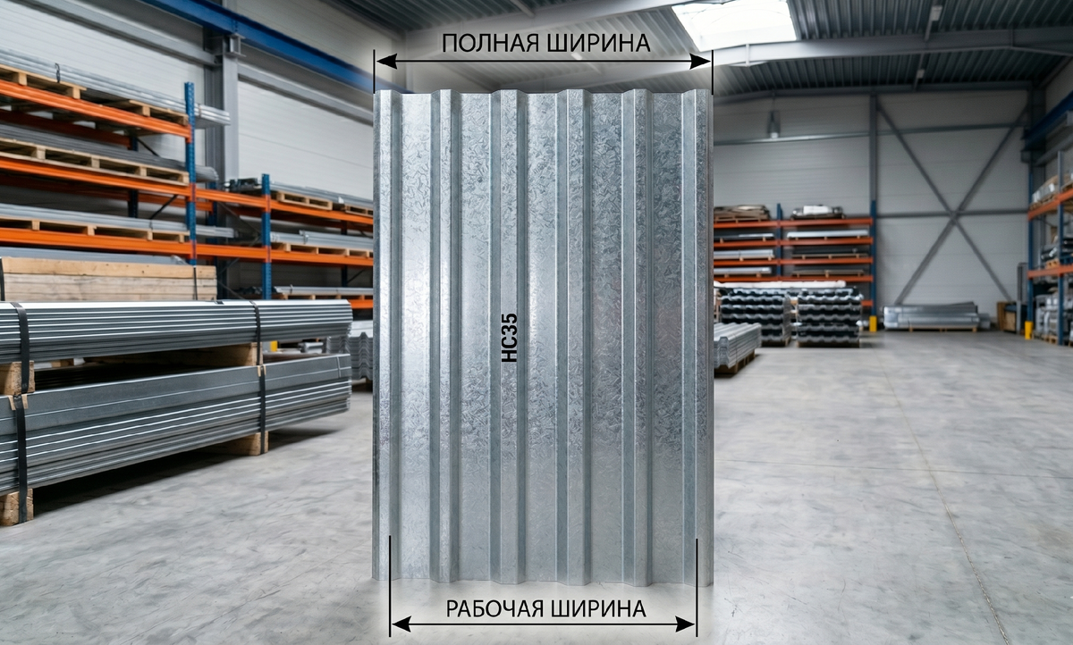 Полная ширина листа НС35 по ГОСТ 24045-2016 — 1060 мм, рабочая — 1000 мм: 60 мм уходят на нахлёст при монтаже