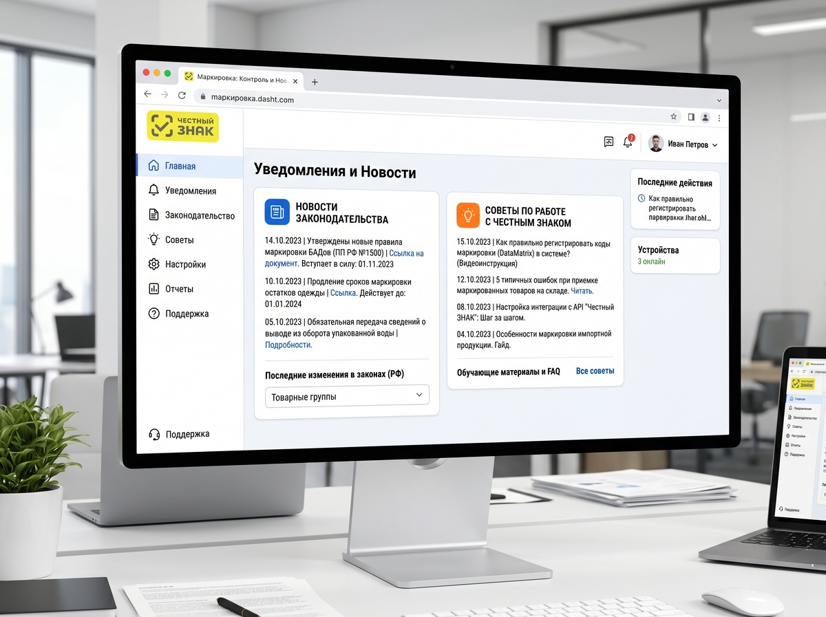 Панель программы сервиса — показаны уведомления о новостях законодательства и советы по работе с Честным знаком.