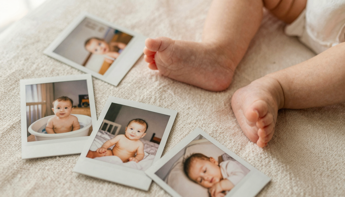 Подарок дочке на первый год - архив фотографий ее первого года жизни - винтажные полароидные фотографии и мягкий вязаный плед.