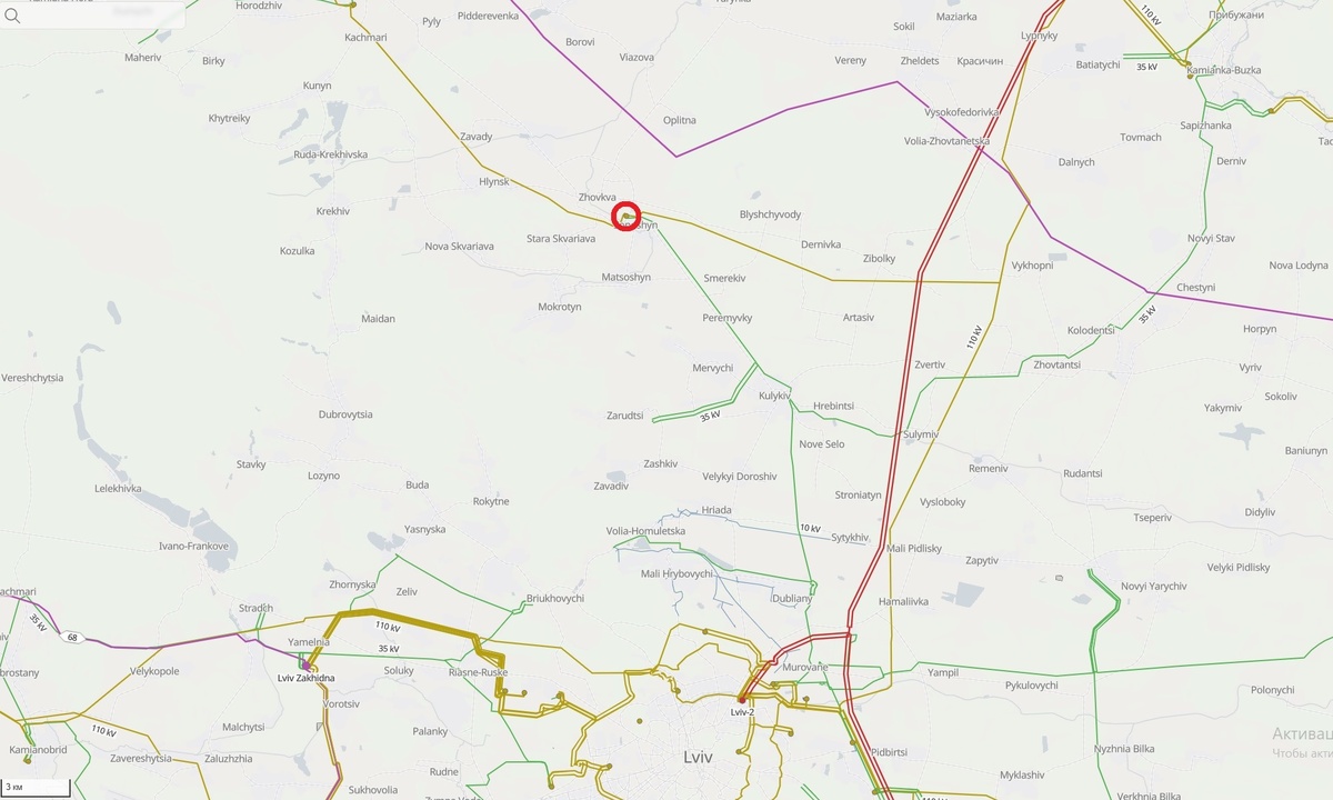 Красным показана атакованная ПС 110/35 кВ Жовква