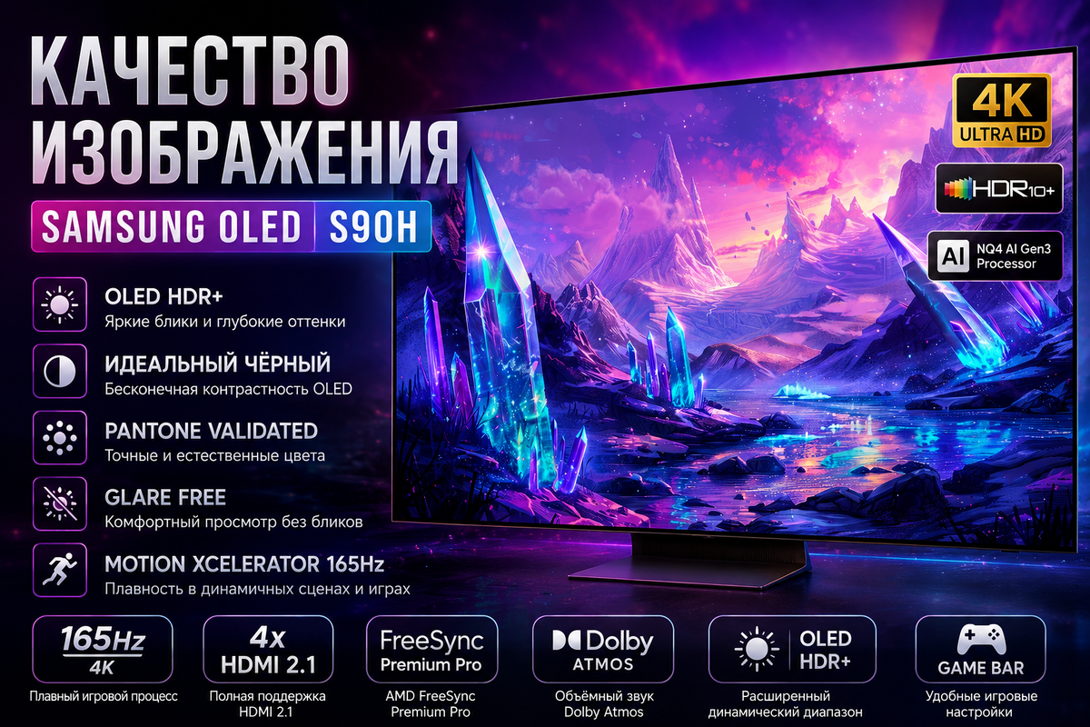 Samsung OLED S90H — премиальный OLED телевизор 2026 года с ярким OLED HDR+, глубоким чёрным цветом, поддержкой 4K 165 Гц, HDMI 2.1 и игровыми функциями для PS5, Xbox и ПК. На изображении показаны ключевые технологии Samsung S90H: HDR10+, Motion Xcelerator 165Hz, Glare Free и AI-процессор NQ4 Gen3