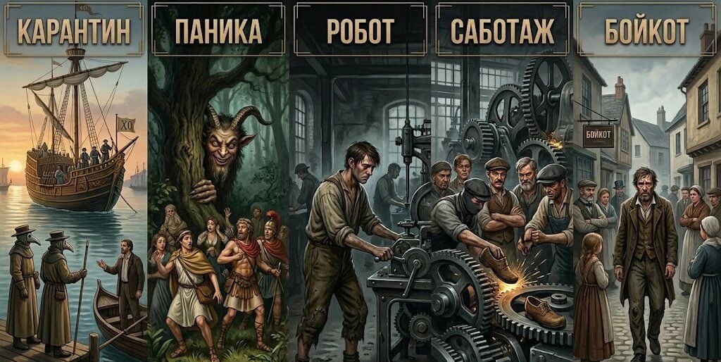 5 русских слов: "карантин", "паника", "робот", "саботаж", "бойкот"