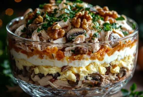 Салат «Курица с грибами и грецкими орехами» — тот самый, который гости сметают первым. Забудьте про оливье!
