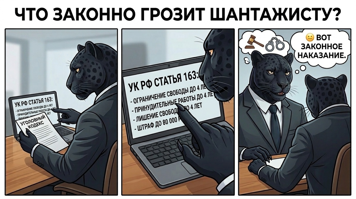 Пантера держит в лапе лист с текстом Уголовного кодекса, на фоне экран с сообщением угрозы.